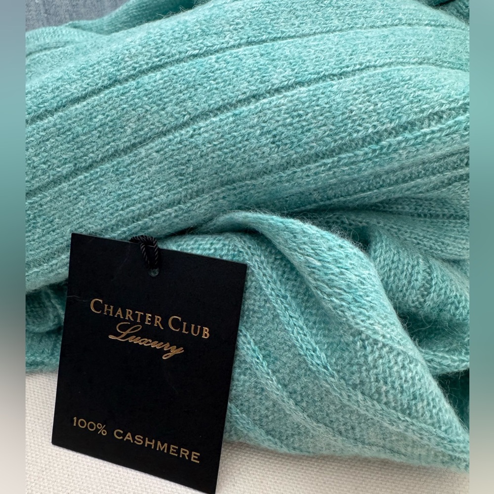 NWT Charter Club Luxury 💯 Cashmere Ribbed Scarf Teal Glacier
